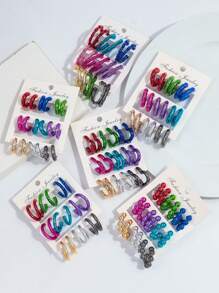 1 Set Of 9 Pairs Fashion Metal-Color Acrylic Asymmetrical C-Shape Hoop Earrings Set, Suitable For Daily Wearing For Women