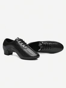 闪亮黑色纹理圆头休闲正装鞋，低跟透气黑色舞鞋，系带皮革爵士鞋 - 黑色 - 查看 6