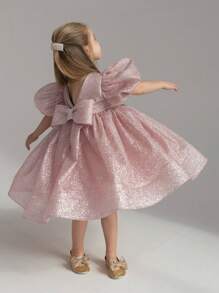 女孩优雅亮片泡泡袖蝴蝶结露背深 V 礼服，公主礼服适合儿童生日礼物、派对、宴会、婚礼花童、节日庆典 - 淺粉色 - 查看 2