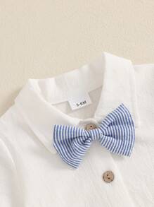 Baby Boy Gentleman Outfit Solid Color Short Sleeve Lapel Neck Romper With Stripe Suspender Shorts And Bowtie - 藍色 - 查看 4