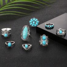 Vintage Geometric Turquoise Rings Set For Women Silver Color Ring Female Bohemian Jewelry - Silver - View 5