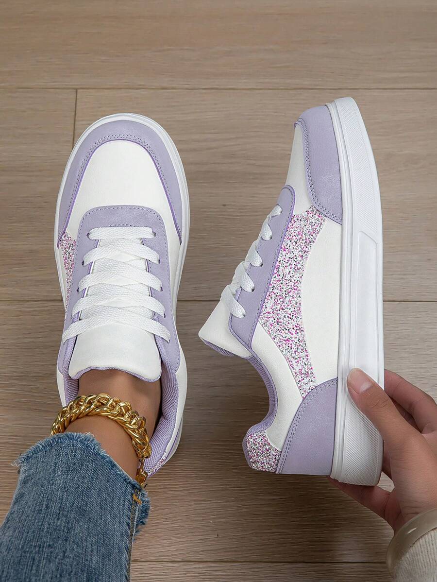 新款春季圆头系带淡紫色女鞋，休闲时尚舒适运动鞋