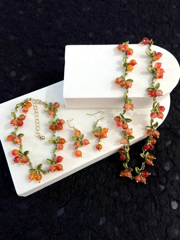 Natural Stone Handmade Floral Jewelry Set - Including Earrings, Bracelet And Necklace For Women
