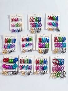 1 Set Of 9 Pairs Fashion Metal-Color Acrylic Asymmetrical C-Shape Hoop Earrings Set, Suitable For Daily Wearing For Women