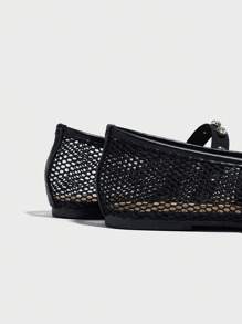 女士芭蕾舞网面鞋，夏季款，水钻装饰，圆头，时尚百搭，适合搭配裙子，黑色、白色网面 - 黑色 - 查看 4