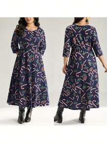Women Plus Size Dress Candy Cane Print Round Neck Long Sleeve Long Dress Fall Casual Christmas Dress - Blue - View 3