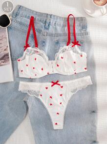 1 Set Women Solid Color Heart Print Red Strap Front Hook Bra And Panty Set, Comfortable Lingerie - White - View 1