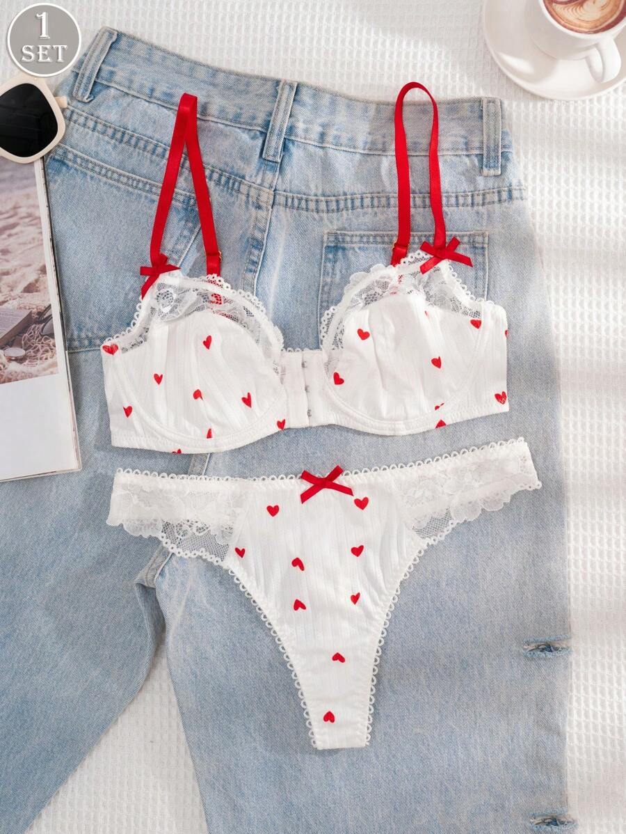 1 Set Women Solid Color Heart Print Red Strap Front Hook Bra And Panty Set, Comfortable Lingerie - White - View 1
