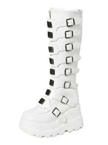 Gothic Women Motorcycle Boots Buckle High Wedges Platfrom Knee High Cool Fashion Cosplay Shoes Woman - 白色 - 查看 4