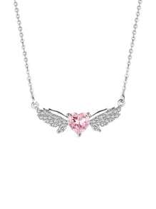 1pc Pink Angel Wing Necklace For Women, Delicate Heart Shaped Pendant Clavicle Chain, Suitable For Daily Wear And Vacation, A Great Birthday Gift For Girlfriend