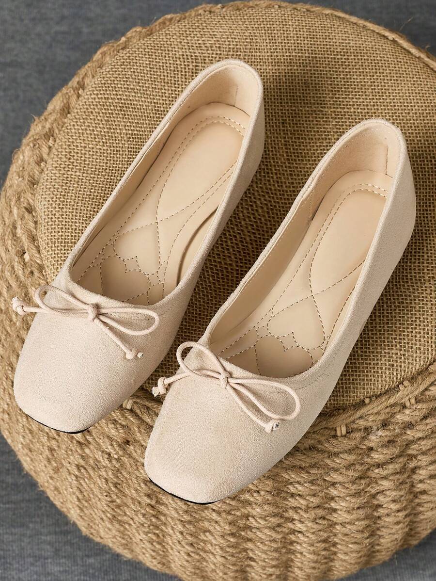 Women's Square Toe Ballet Flats With Bow Decor, Casual Versatile Black Flat Shoes For All Seasons - Apricot - View 1