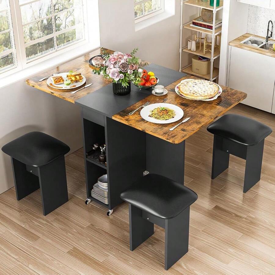 Folding Dining Table Set For 4, Dinner Table With 4 Leather Chairs And ...