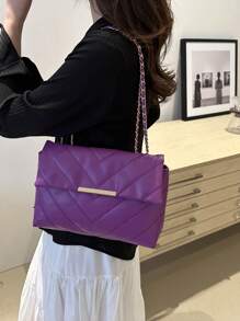 Nova bolsa de ombro feminina bordada com linhas de prensagem em grade rômbica, corrente, grande capacidade, bolsa transversal simples e elegante para deslocamento diário