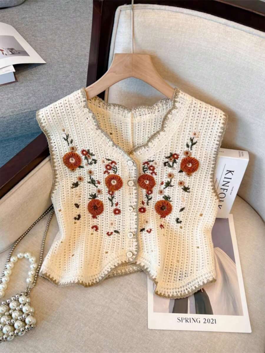 V领刺绣纽扣针织开衫背心，女士短款不对称亚麻薄款无袖毛衣开衫背心，中国风新年休闲度假装 - 杏色 - 查看 1