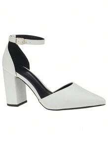 Rosavivi Women's Pointed Toe Pump Shoe With Thick Block Heel And Buckle 027 - 白色 - 查看 4