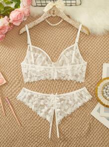 Sexy Lingerie, Women's Fashion Floral Lace Lingerie Set, Cup Bra And Thong Underwear - White - View 2