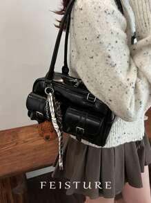 FEISTURE 1 纯色PU多口袋保龄球包，女士款（带狗狗吊坠），拉链封口，适合购物、约会、作为女士礼物，适合少女、大学生和上班族，是办公室、大学、工作和通勤的理想之选。 - 黑色 - 查看 5