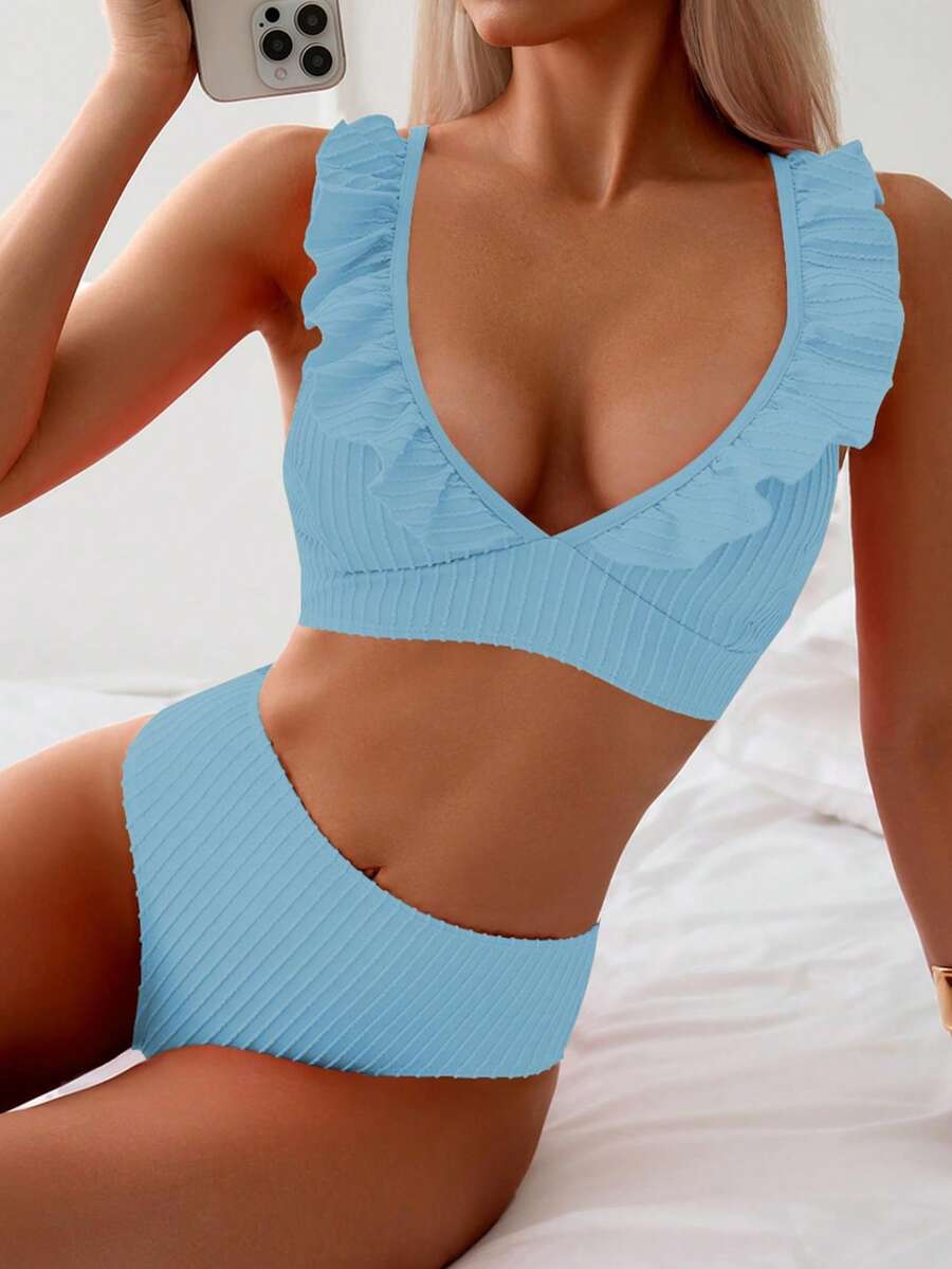 Summer Beach Striped Ruffle Trim High Wais Bikini Set - Blue - View 1