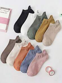 10 Pairs Women Smiling Face Jacquard Boat Socks, Low Vamp Non-Slip Solid Color Thin Soft Simple Short Socks