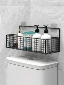 1/2pcs Wall-Mounted Bathroom Storage Rack, No-Hole Bathroom Shelf, Shower Caddy Organizer With Hooks, For Vanity Wall Mount Storage, Bathroom Decor & Accessories, Practical Shelf