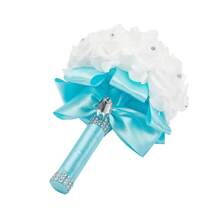 Artificial Wedding Bride Bouquet Handheld Bridesmaid Flower With Ribbon - Baby Blue - View 2