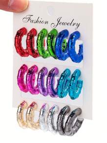 1 Set Of 9 Pairs Fashion Metal-Color Acrylic Asymmetrical C-Shape Hoop Earrings Set, Suitable For Daily Wearing For Women