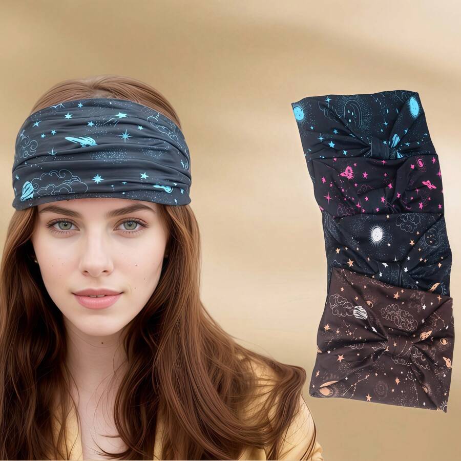 1pc/4pcs Retro Paisley Print Headbands For Girls, Starry Sky Pattern Sports Sweat Headbands Non-Slip Headscarves, Black & White Paisley Yoga Hair Accessories For Women