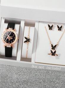 6/5 件时尚优雅儿童可爱石英表、水钻和蝴蝶首饰套装、项链、手链、耳环、戒指，适合朋友礼物、感恩节、返校季