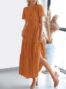 Womens Summer Maxi Dresses Short Sleeve High Waist Tiered Flowy A-Line Boho Bohemian Beach Long Dress Holiday Vacation Beach Valentine Long Dress Outfit - 棕橘色 - 查看 4