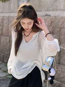 Women's Hollow Out Knit Cover Up, Loose Fit Summer Lightweight Cover Up Top, Vertical Stripe V-Neck Design, Semi-Sheer