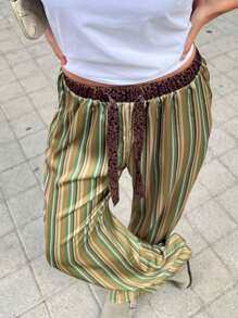 Women's Spring Summer Drawstring Pants Leopard/Stripe Print Loose Wide Leg Trousers