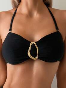 Women's Solid Color Flat Chest Halter Bikini Two-Piece Set, With Metal Accessories In The Middle, Suitable For Island Vacation, Photography, Swimming, For Summer Beach - Black - View 5