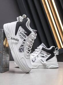 Men's Casual High-Top Sneakers, Anti-Slip Athletic Shoes, Chunky Sneakers - Black and White - View 3