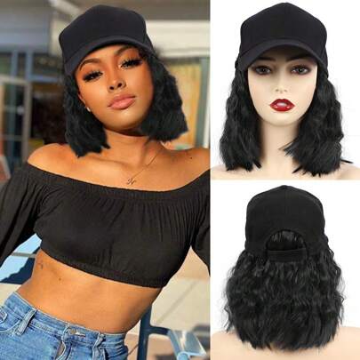 女士帽子假发，短波浪棒球帽假发，带卷曲合成发接发，可调节棕黑色棒球帽假发