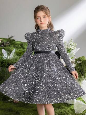 Tween 女童高领亮片缀饰蝴蝶袖 A 字裙