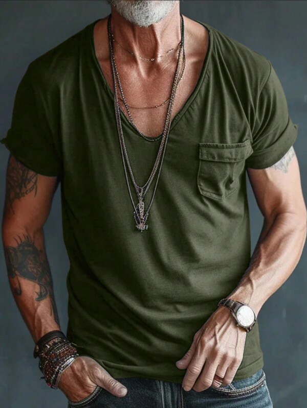 Cotton Summer New Casual Men's Short Sleeve T-Shirt With V Neckline, American Style Shorts For Travel/Holiday/Outdoor Camping