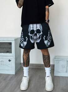 Men's Fashion 3D Skull Print Casual Beach/Sports/Swimming Shorts, Without Lining - Black - View 1