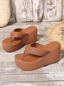 Sandálias Plataforma Casuais de Lã de Carneiro Entrelaçadas à Prova d'Água para Mulheres, com Sola Grossa, Confortável e Versátil para Verão, Férias e Uso Diário