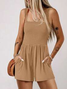 Acelitt Summer Women's Solid Color Square Neck Chest Cable Splicing Simple Casual Suspender Jumpsuit Shorts