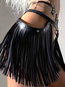 1 pièce Ceinture taille gothique noire en PU à franges pour femme de style occidental. Ceinture de danse ajustable de style punk cowgirl. Convient pour le streetwear, accessoire vestimentaire
