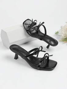 Zapatos de tacón alto de estilo elegante para fiestas y días festivos para mujer, color: burdeos con decoración de lazo, atuendos de primavera y verano - Negro - Ver 5