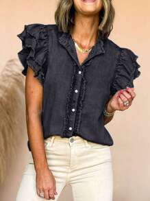Acelitt Fashionable Casual Sleeveless Ruffle Fringe Denim Crop Top