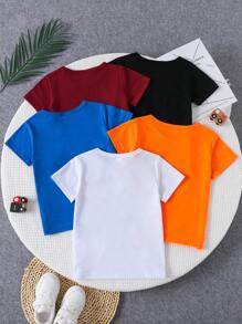 Young Boy 5pcs/Set Summer Hamburger, Robot, Letter Print Crew Neck Short Sleeve T-Shirt, Fashion, Casual, Sports, Outdoor Activities, Age 3-7 - Multicolor - View 2