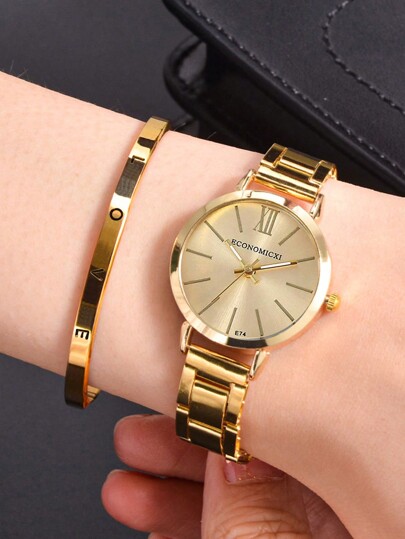 2pcs Classic Fashion Stainless Steel Alloy Fashion Children's Quartz Watch Stainless Steel Ring Versatile Bracelet, Best Gift For Friends, Back To School