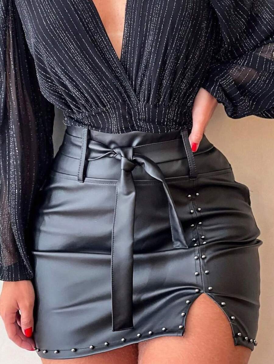 Women's Short Elegant Leather Skirt With Slit And Bow High Waist Party - Đen phẳng - Xem 1