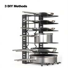 1 pieza Organizador de estante para ollas, Organizador de 8 niveles para ollas y sartenes para organización y almacenamiento de cocina, Soportes ajustables para tapas de ollas y estante para sartenes, Organizador de tapas para ollas y sartenes con 3 métodos de bricolaje - Negro - Ver 7