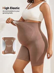 Pantalones cortos ajustados de cintura alta elástica para maternidad - Caqui - Ver 4