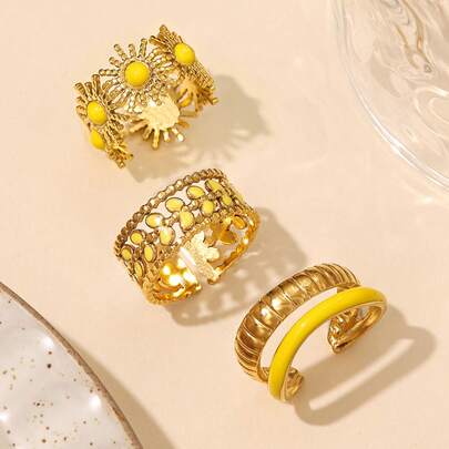 3 pièces Set d'anneaux en acier inoxydable jaune minimaliste en forme de goutte d'huile, convenant pour un port quotidien des femmes ou comme cadeau