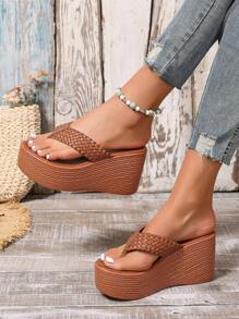 Sandálias Plataforma Casuais de Lã de Carneiro Entrelaçadas à Prova d'Água para Mulheres, com Sola Grossa, Confortável e Versátil para Verão, Férias e Uso Diário