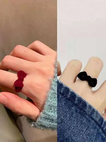 1 件可爱优雅甜美蝴蝶结植绒设计戒指，可调节女士日常休闲办公室节日生日礼物，多功能